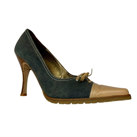 Bebe Leather/Denim Color-block Pattern Pumps - Picture 2 of 4